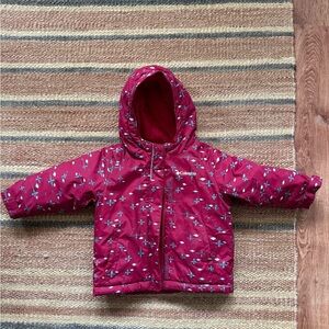 Columbia Pink Hooded Kids Winter Jacket with Geometric Accents
